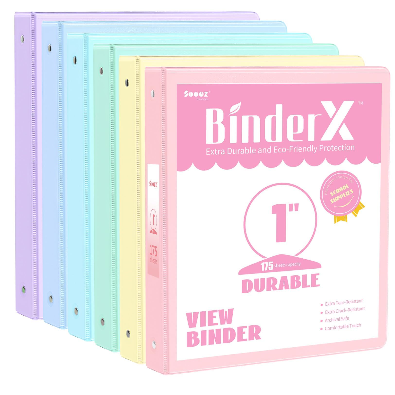 6 Pack Extra Durable 3 Ring Binders 1 inch, Sooez 1” Three Round Ring Binders with Pockets, Cute Customizable Clear View Cover for 8.5 x 11 Letter Size Papers, Pastels School Office Supplies for Girl
