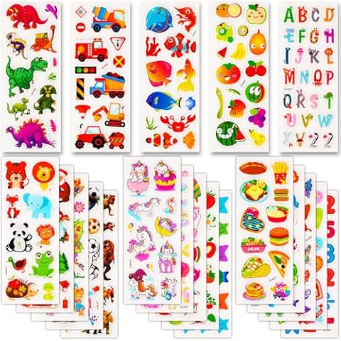 Habett 24 Sheets 3D Stickers for Kids Toddlers, Puffy Stickers Including Animal, Fruits, Car, Number, Dinosaur, Fish and More for Boys, Girls, Teachers, Reward, Craft Scrapbooking Cover