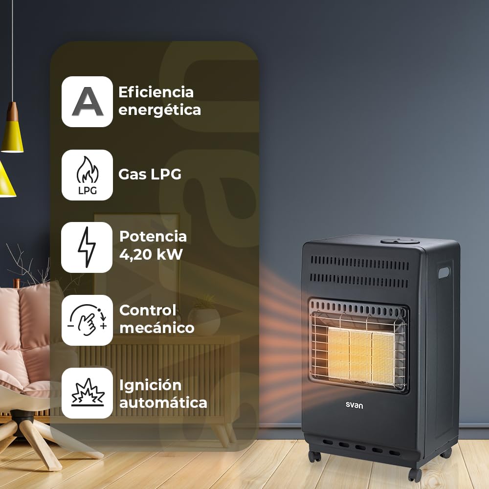 Svan Estufa Catalítica de Gas 4200 W Negro. SVCA34CAT, Calefacción por plato cerámico, Sensor antivuelco, Apto para Butano/Propano/LPG
