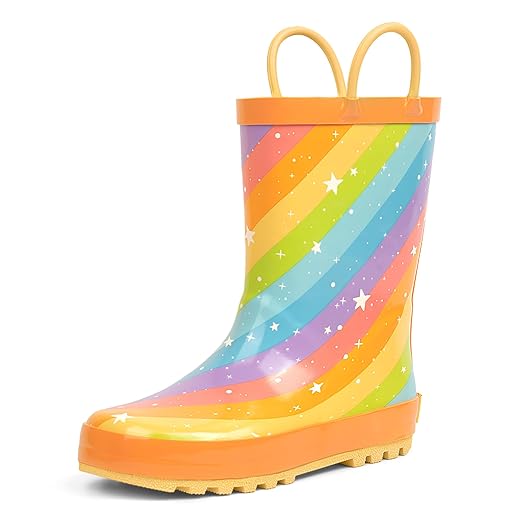 landchief Botas de chuva infantis, botas de chuva infantis, à prova d'água, botas de borracha para meninas e meninos com estampas divertidas e alças fáceis de calçar