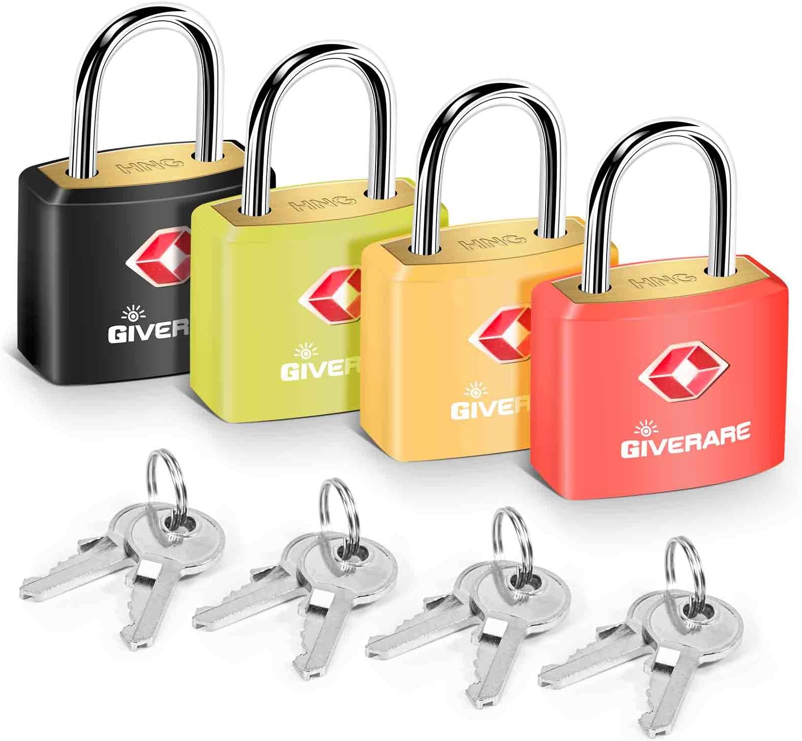 4 Pack TSA Approved Travel Luggage Locks with Keys, Solid Brass Copper Keyed Padlock, ABS Plastic Covered Small Locks for Suitcase, Backpack, Gym Locker, Jewelry Box-by GIVERARE