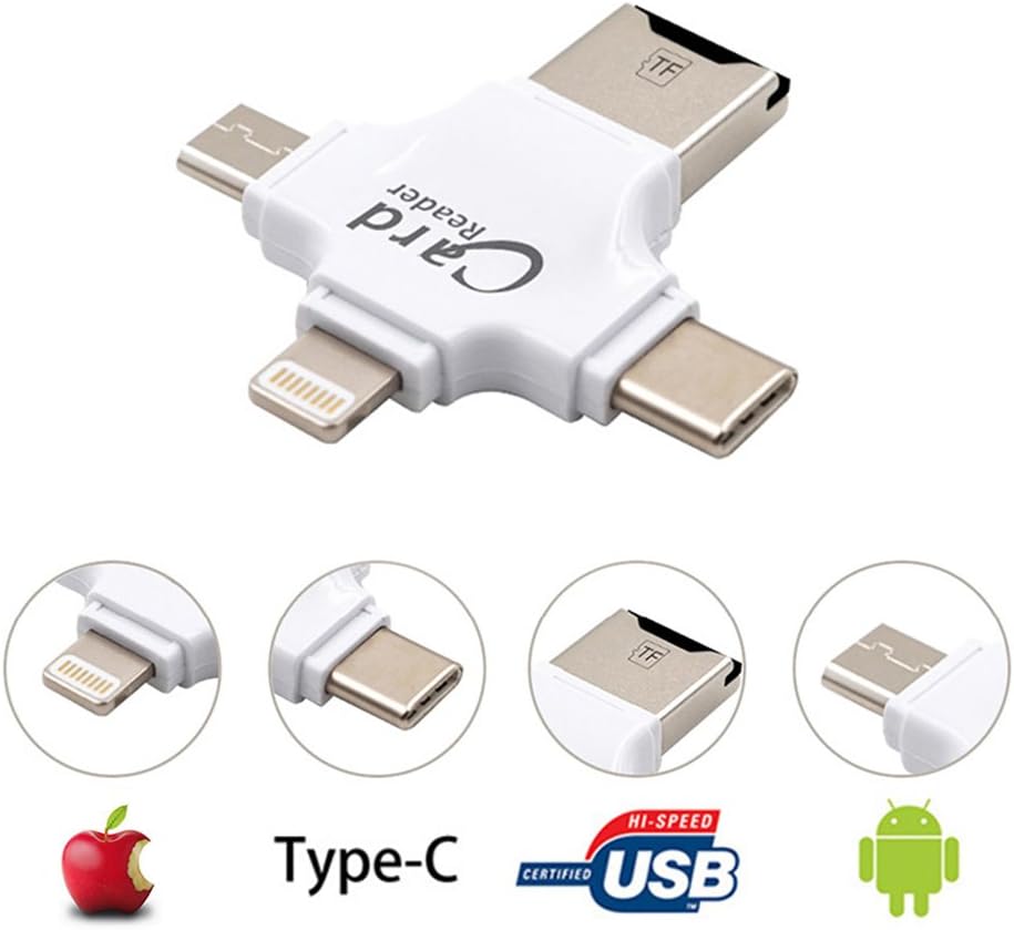 Portable Card Readers, 4 in 1 Micro SD Card Reader Mobile Phone USB Flash Drive USB TF Flash Memory USB Stick with Lightning Connector for iPhone/iPad/Mac/PC/Android (White)