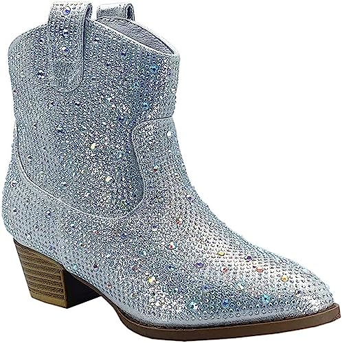 Forever Girls Rhinestone Cowboy Boots Kids Low Heel Dress Booties River-01K Silver 14