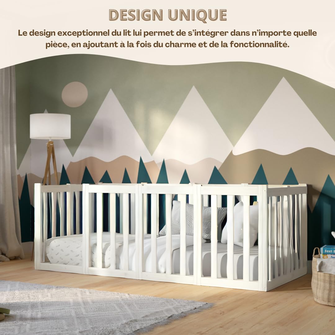 Lit Enfant 180x140 cm – Lit Montessori au Sol avec Haute Barrière 73cm et Barrière Amovible - Bois Blanc avec Surface Lisse - Parfait pour Garçons et Filles Crazy Johnny