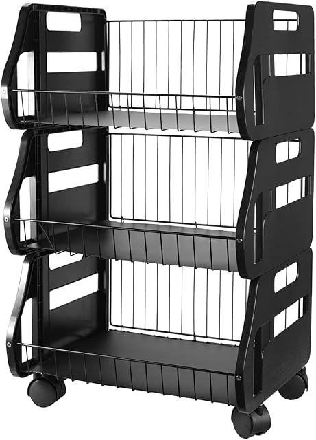 HOMGEN Popular Movable 3-Tier Fruit Basket with Wheels Fruit Stand with 3 Hanging Baskets Fruit Rack Vegetables Basket Vegetable Rack Metal Baskets with Mat Perfect for Kitchen Fruit Vegetables