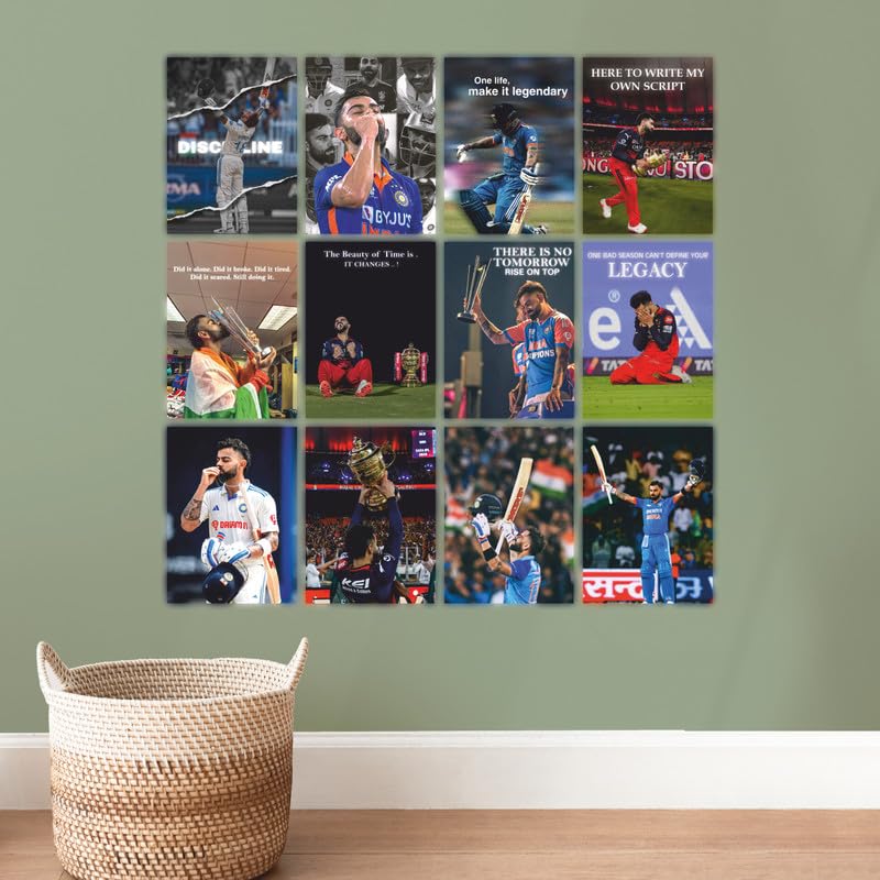 Image of POSTERONN Virat Kohli Wall Posters Set of 12, 8x12 Inch HD Matte Prints on 300 GSM Paper | Motivational Quote Posters | Room Decor Wall Art | Glue Dots Included | Bedroom Living Room Display Set
