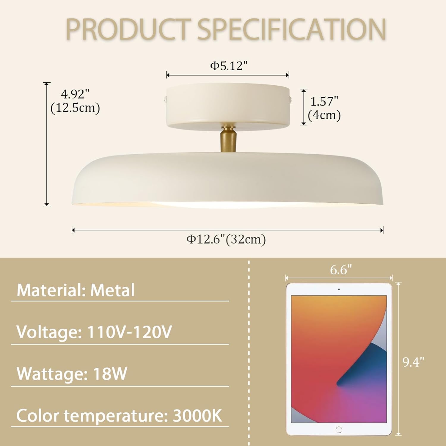 BISAMIYA Modern LED Ceiling Light, Brass Accent 12.6 Inch Semi Flush Mount Ceiling Light, Adjustable Angle Light Fixture, 3000K/Warm White/18W, for Hallway, Entryway, Kitchen Cream