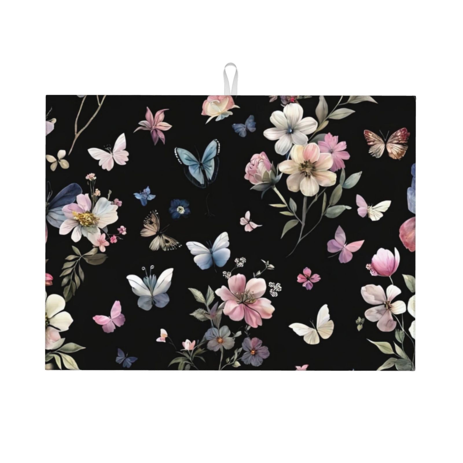 Dish Drying Mat for Kitchen Counter Microfiber Dish Draining Mat Super Absorbent Drying Pad Large 18"x24"Fast Dry Kitchen Accessories (Butterfly Flowers, 18"x24")