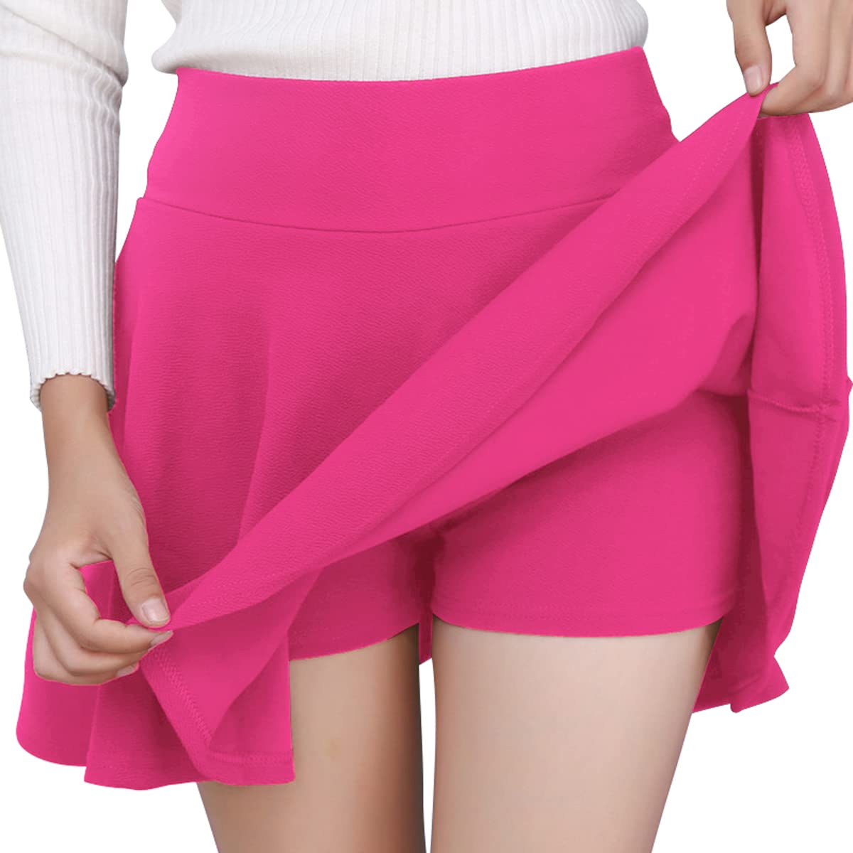 DJT Women's Girls Stretchy High Waist Pleated Casual Mini Skater Skirts with Shorts