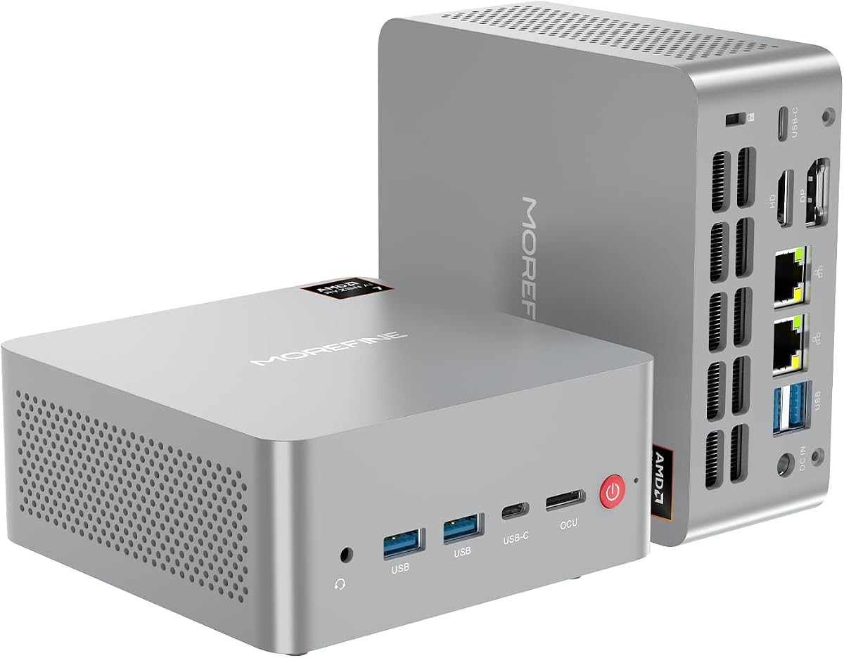 MOREFINE AI Mini PC AMD Ryzen AI 5 340(4.8 GHz | 59 Tops | Radeon 840M) 16G DDR5 1TB NVME SSD Mini computadoras para juegos Oculink/USB 4.0/4 pantallas 4K Display/WiFi 6/BT5.2/2.5G Puerto LAN