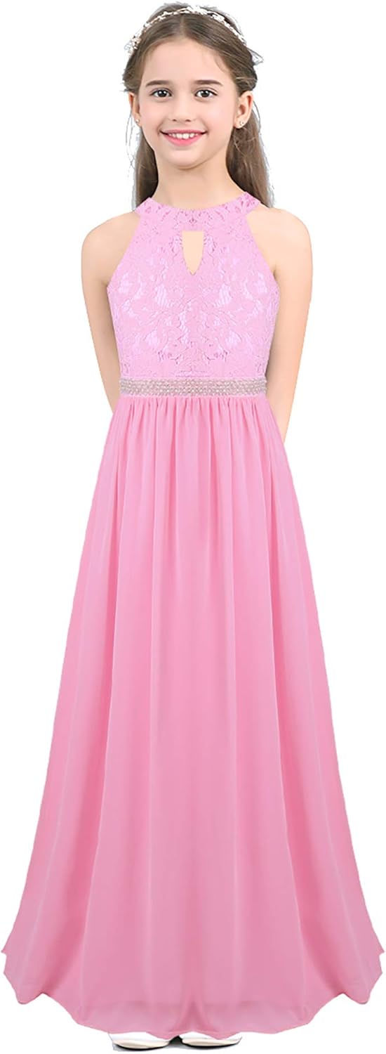 YiZYiF Kids Big Girls Lace Chiffon Bridesmaid Flower Girl Dance Party Maxi Dress