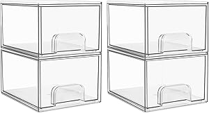 Vtopmart 4 Pack Clear Stackable Storage Drawers, 4.4'' Tall Acrylic Bathroom Makeup Organizer,Plastic Storage Bins For Vanity, Undersink, Kitchen Cabinets, Pantry, Home Organization