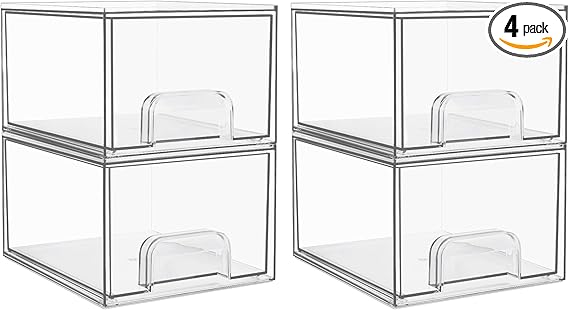 Vtopmart 4 Pack Small Clear Stackable Storage Drawers,Acrylic Bathroom Makeup Organizer,Plastic Storage Bins For Vanity, Undersink, Kitchen Cabinets, Pantry, Home Organization