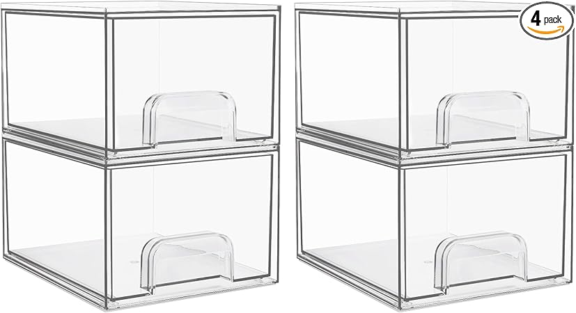 Vtopmart 4 Pack Small Clear Stackable Storage Drawers,Acrylic Bathroom Makeup Organizer,Plastic Storage Bins For Vanity, Undersink, Kitchen Cabinets, Pantry, Home Organization