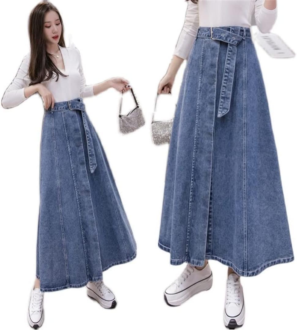 【INCHANT ME】Stitched Belt Denim Long Skirt Amazon.com: High Waist Long Maxi A-Line Skirts with Belt