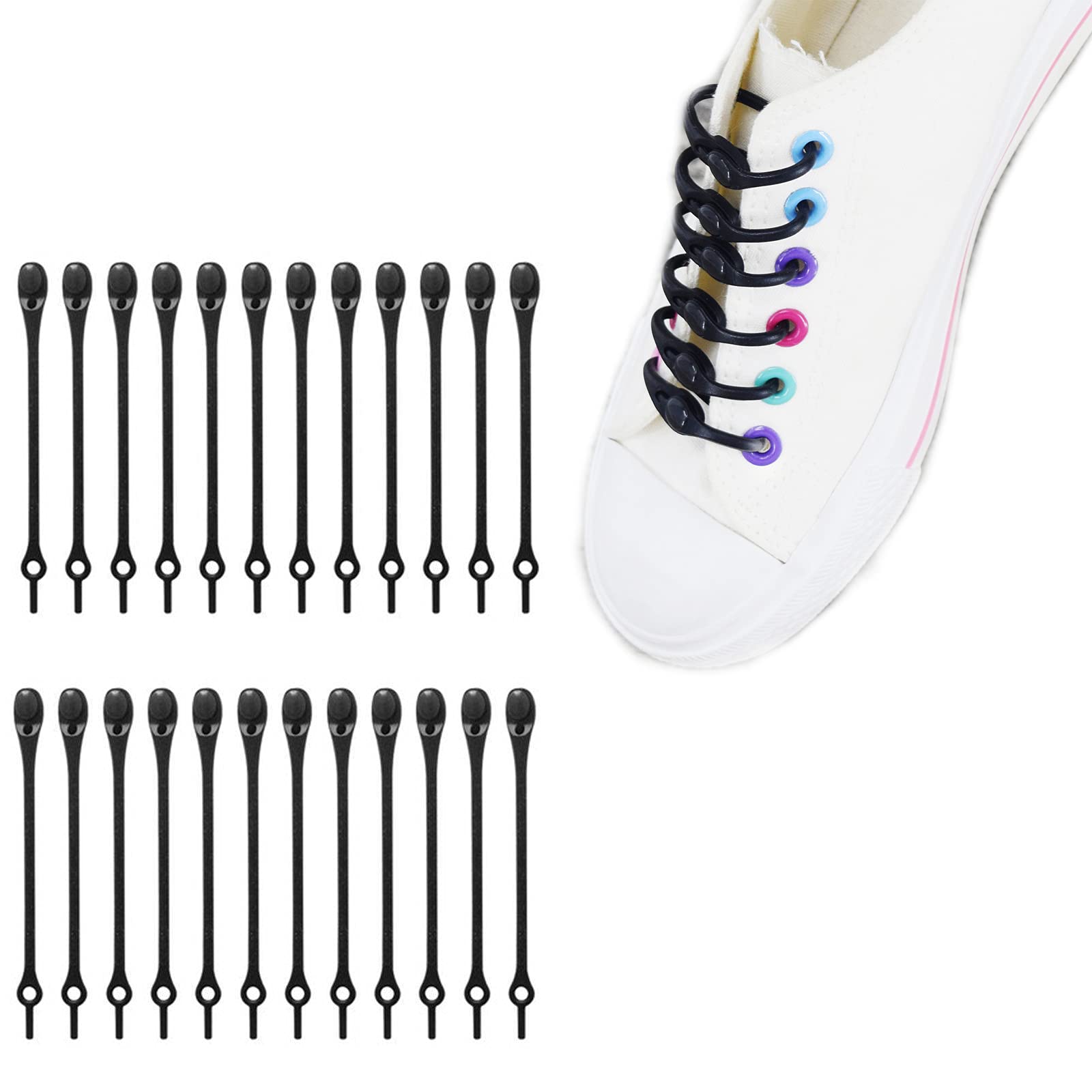 GFDK 24 pcs Lazy Tying-Free Elastic Shoelaces, Laces No Tie Rubber, for Kids and Adults, Elastic Shoelaces for Sneakers
