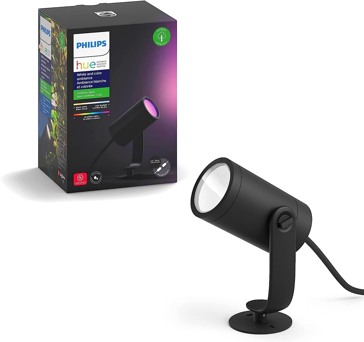 Philips Hue – Foco led inteligente de exterior Hue Lily, Luz Led inteligente Blanca y Luces de Colores, Compatible con Alexa y Google Home, Color Negro (extensión)
