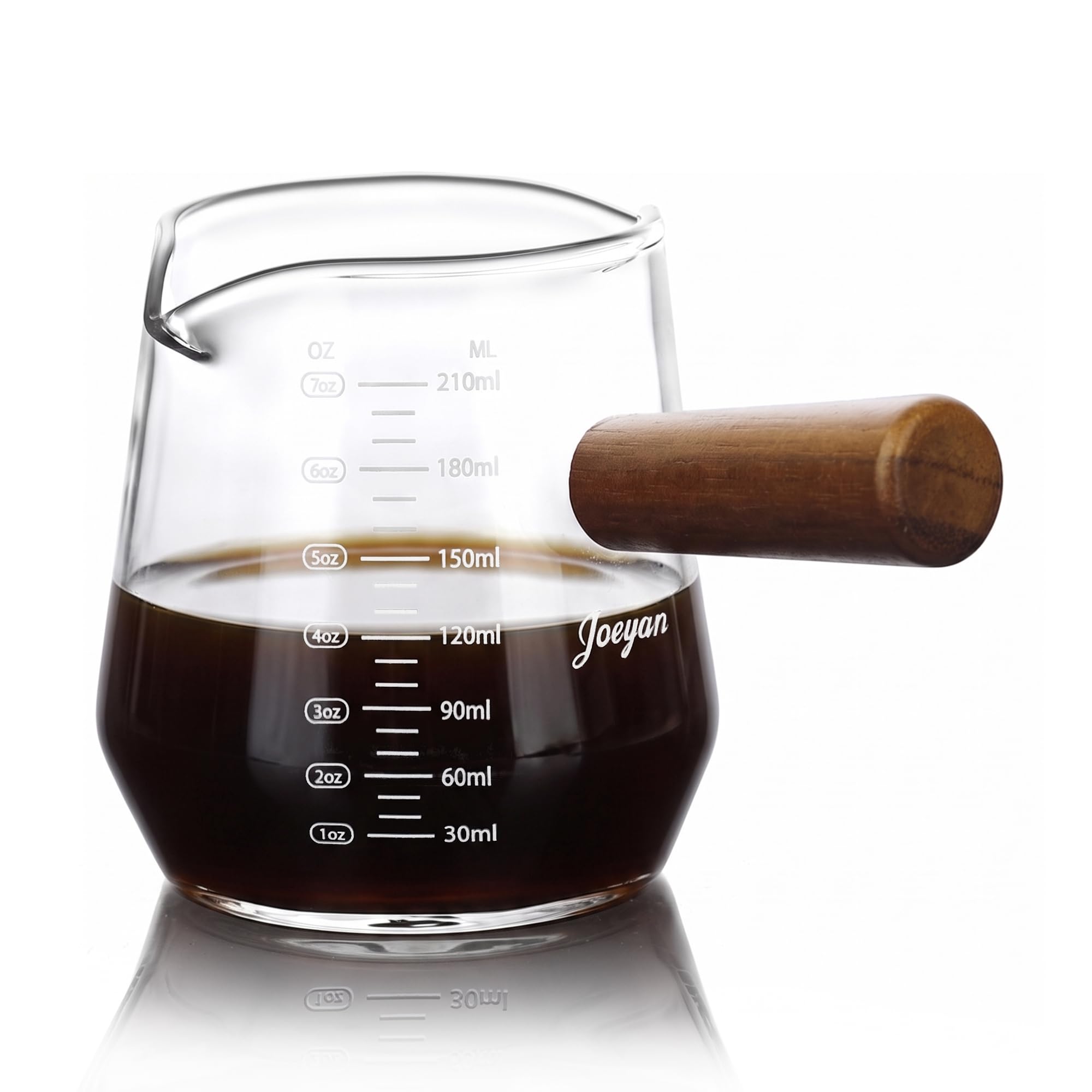 Joeyan 7 oz Glass Measuring Cup with Double Spouts,Espresso Shot Glasses with Wood Handle,Diamond Shaped Espresso Cups,Clear Milk Frothing Pitcher for Coffee,Borosilicate Espresso Accessories — image 1