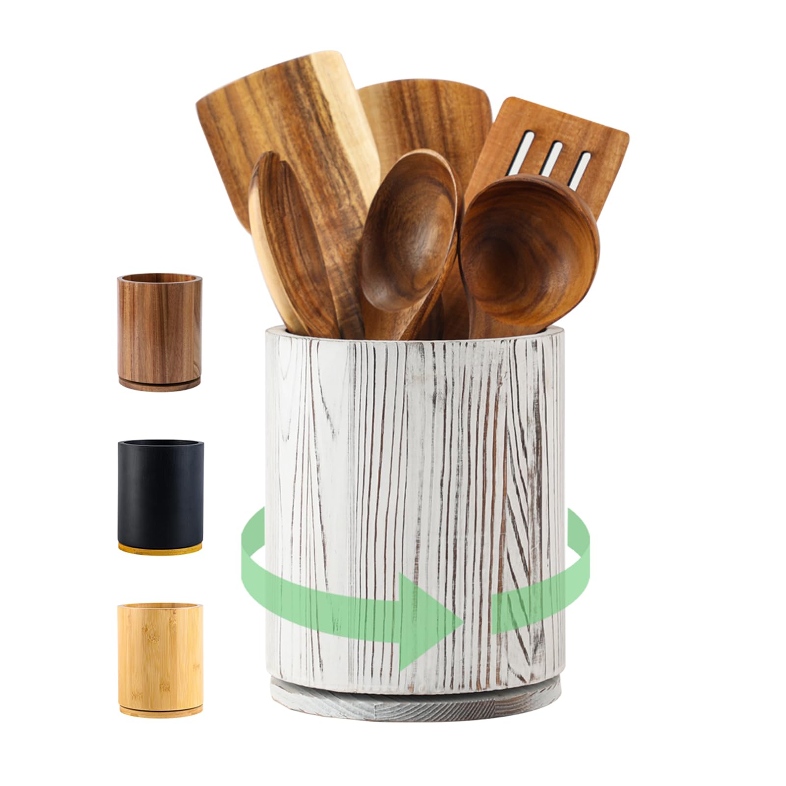Distressed White Utensil Holder, 360° Rotating 7.3 in Kitchen Organizer