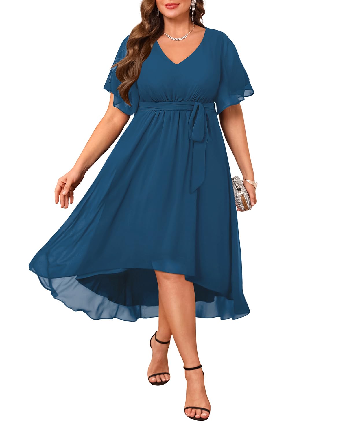 Photo 1 of Talisea Teal Plus Size Dresses Blue Wedding Guest Cocktail Formal Chiffon Short Sleeve High Low Semi Formal Dress Curvy Women