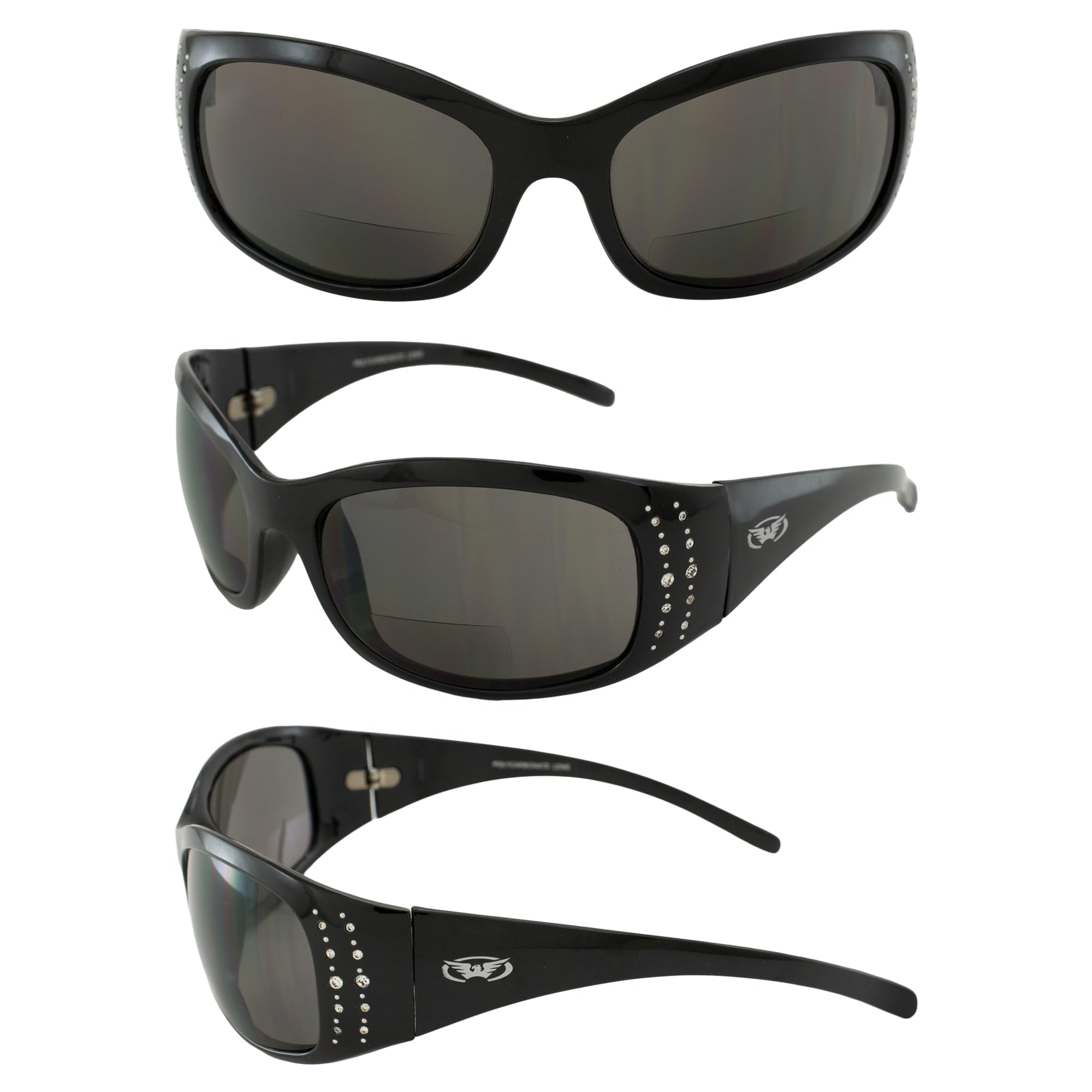 Global Vision Marilyn 2 Sonnenbrille mit Strasssteinen verziert, glänzender schwarzer Rahmen, 3,0 x Vergrößerung, rauchfarbene Gläser