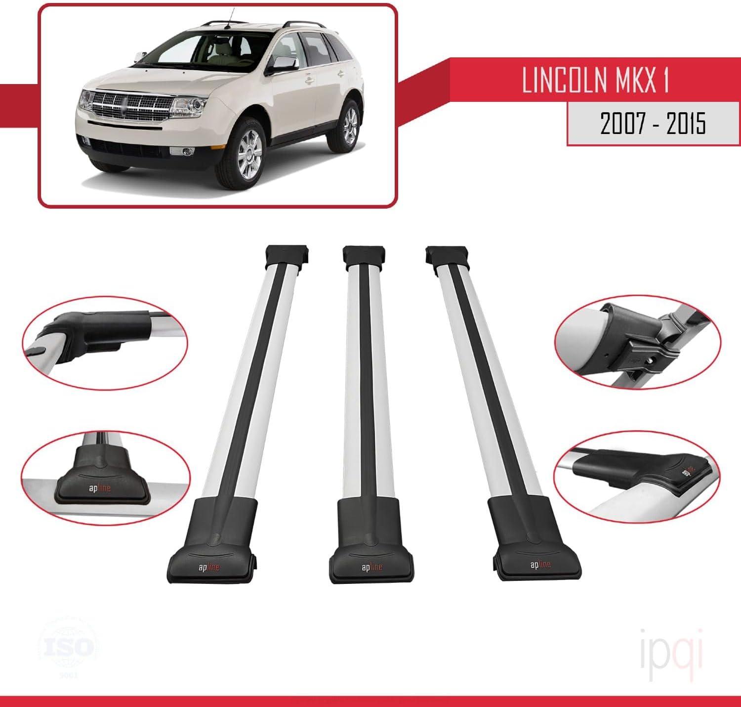 Compatible with Lincoln MKX (U388) 2007-2015 FLY Model Car Roof Rack Cross Bar Grey Aluminium 3 Bars