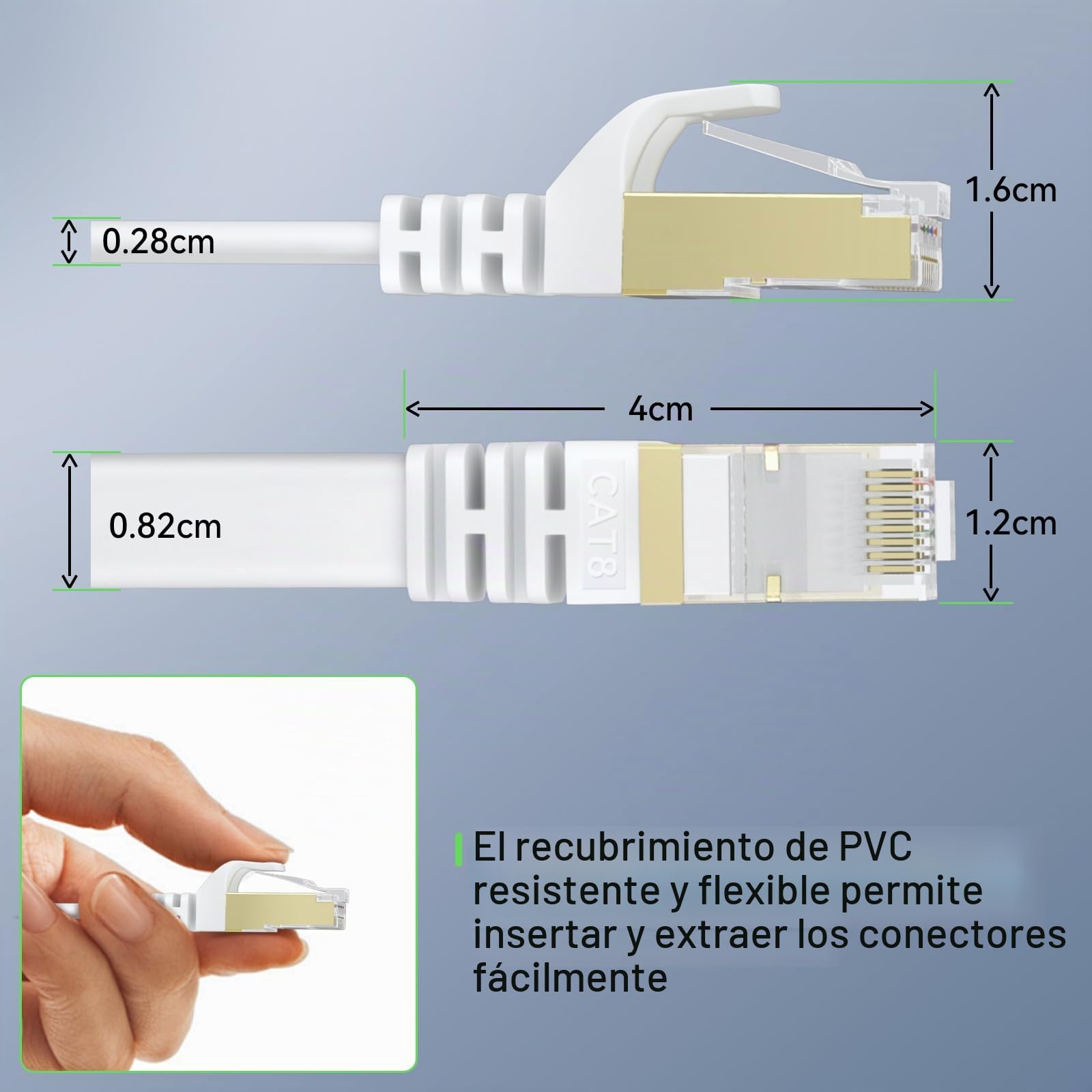 BUSOHE Cable de Red Ethernet Cat 8 de 20M, Plano RJ45 Gigabit LAN de Alta Velocidad, 40Gbps y 2000Mhz para Switch, Rúter, Módem, Panel de Conexión, PC (Blanco)