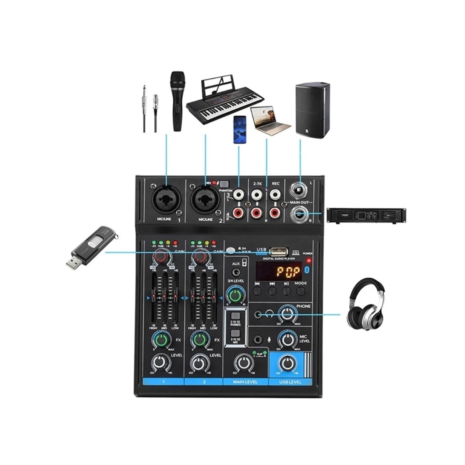 Mezclador de audio, Mini mezclador de estudio con interfaz USB 4 canales, tablero digital profesional for mezclas portátiles, compatible funciones
