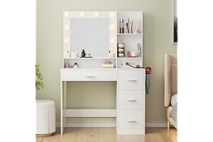 JUMMICO 39.3'' Vanity Desk with Drawers and LED Lighted Mirror