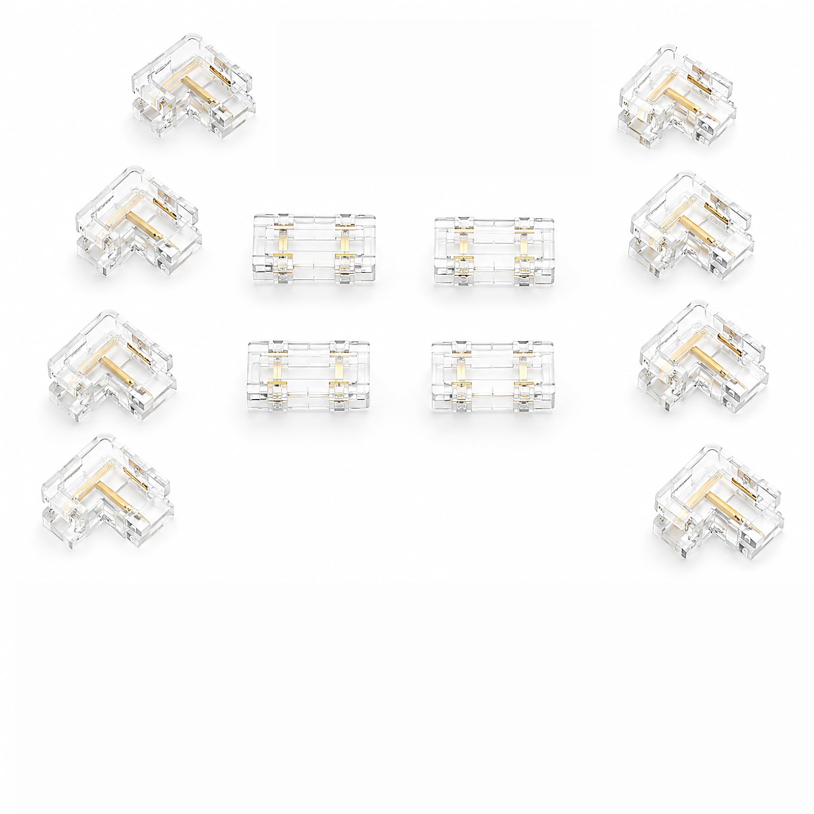 12 Stück COB LED Streifen Verbinder 2 Pin 8 mm, Set mit 8 L-Form Eckverbindern und 4 I-Form Mittelverbindern, Transparente Lötfreie Lichtband Connectoren für 5-24 V Innenbeleuchtung, Nicht IP65