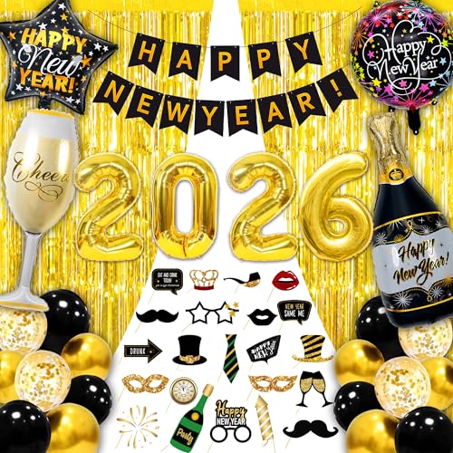 Decoração de Cotilão para Passagem de Ano 2026 48 Peças, Bandeirinhas Feliz Ano Novo, Balões Gigantes 2026 (81 cm), Acessórios de Fotomaton, Cortinas Metálicas, Balões para Decoração de Festa de