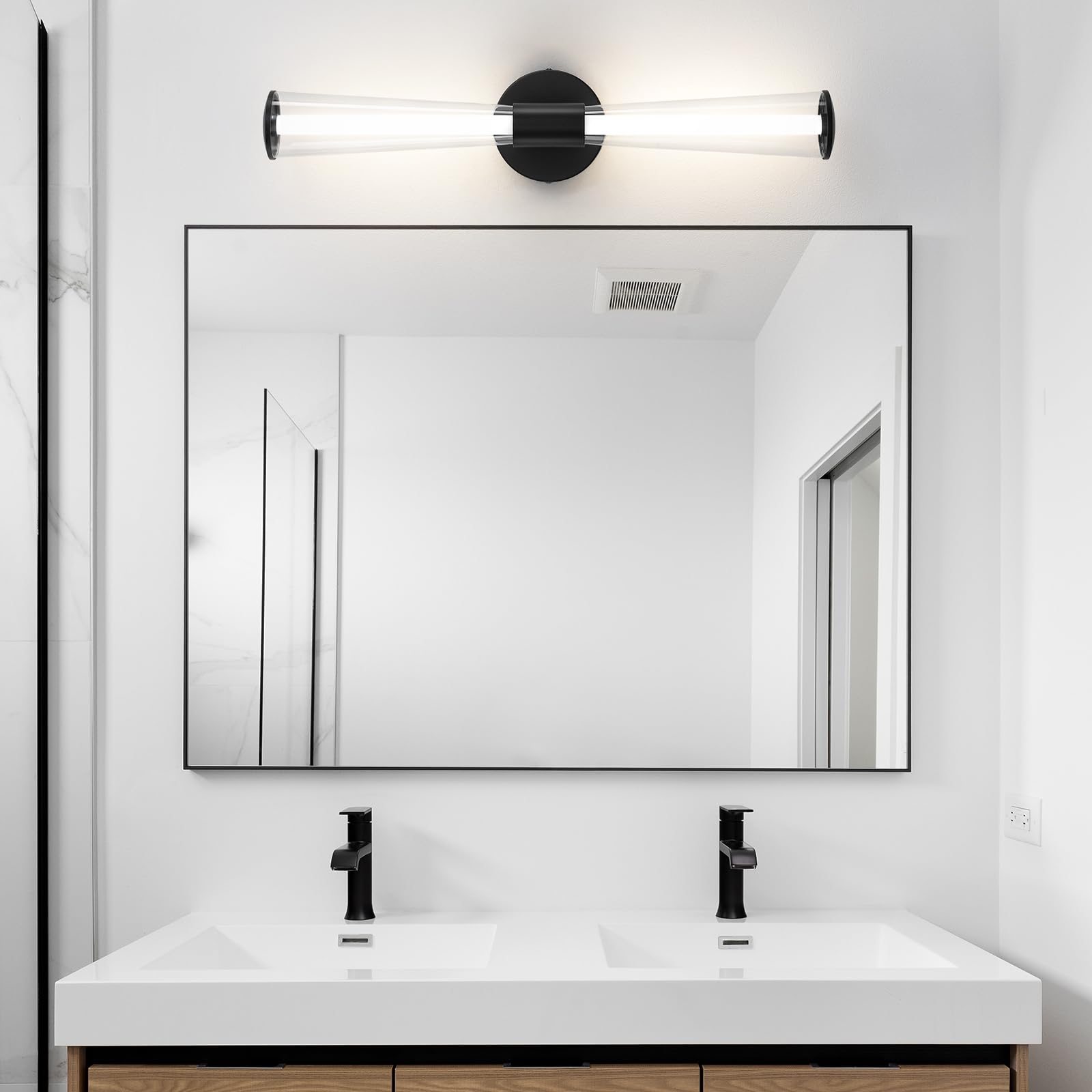 KAISITE Black Bathroom Light Fixture - Modern Bathroom Vanity Light Dimmable LED Bathroom Sconce Wall Lighting Fixture with Double Layer Shades 13W 4000K 23inch Bath Vanity Light Bar Over Mirror