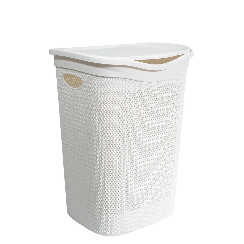 Virsus Cesto Portabiancheria in Plastica Effetto Rattan, 39,5x37x54 cm, cesta rettangolare con coperchio, struttura Intrecciata per biancheria sporca in bagno, lavanderia, Hotel -4037F-1,8 (Bianco)