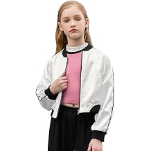 Jxstar Girls Satin Bomber Jacket Cropped Zip Up Coats Teen Lightweight Flight Jacket Casual Outerwear with Pockets