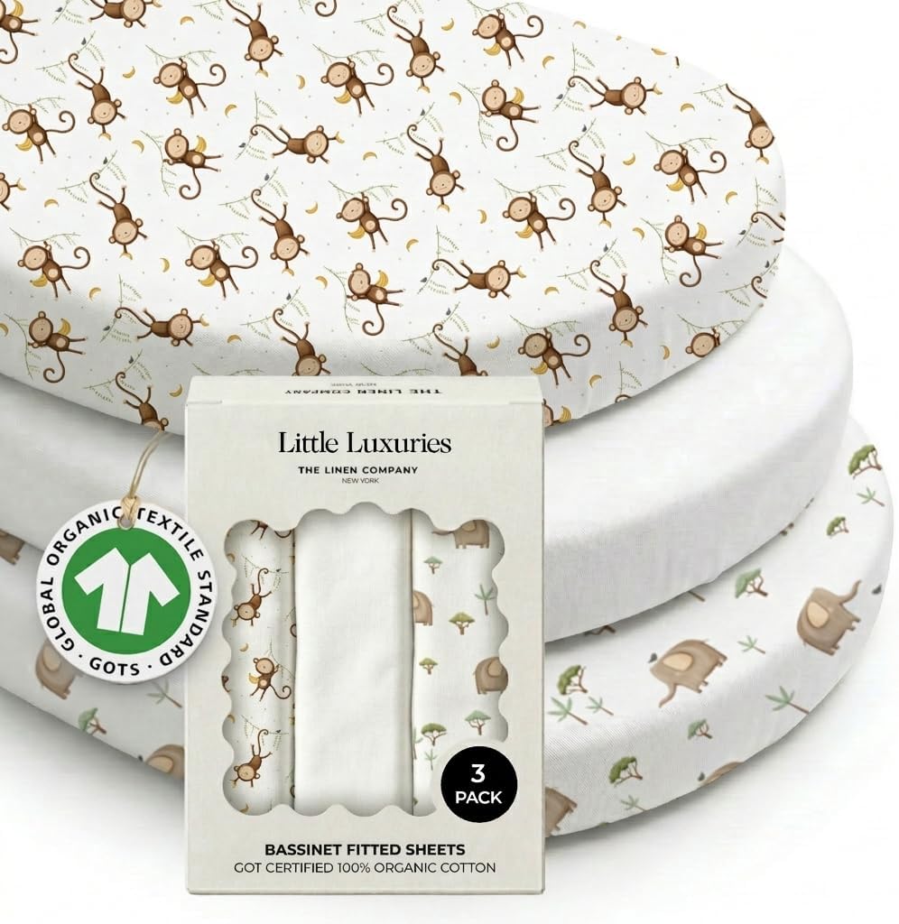100% Organic Cotton Bassinet Sheets 3 Pack - (33 x 17 Inches) Angel Bliss - GOTS Certified, Soft Breathable Percale Weave, Universal Fits Standard Oval & Rectangular Mattress - for Boys & Girls