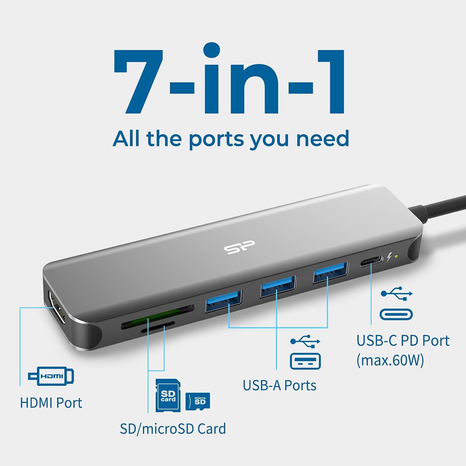 USB C Hub, Silicon Power 7-in-1 USB C Adapter, with 60W Power Delivery, 4K 30Hz HDMI Port, 3 USB A Data Ports, microSD and SD Card Reader, Laptop Docking Station for MacBook Pro, Mobile HDD