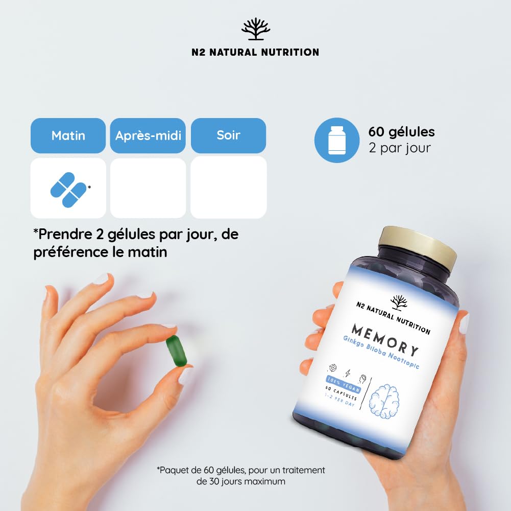 Ginkgo Biloba Nootropic. Cafeine Vitamine B6 Bacopa Thé Verde. Améliore Concentration Memoire Anxiete et Humeur. Anti fatigue. Aide au bien etre general. Végan 60 Capsules N2 Natural Nutrition