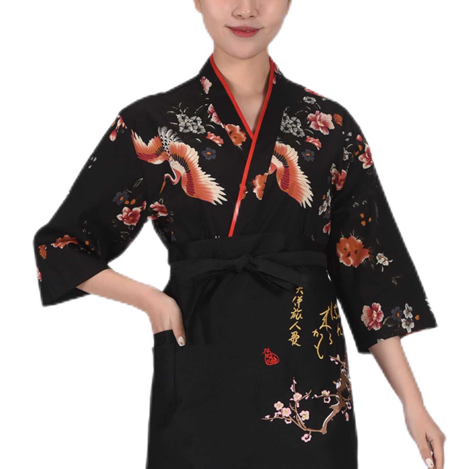 DNJKH Mens Women Sushi Japanese Kitchen Uniform Breathable Chef Jacket Izakaya Chef Waiter Workwear Coat