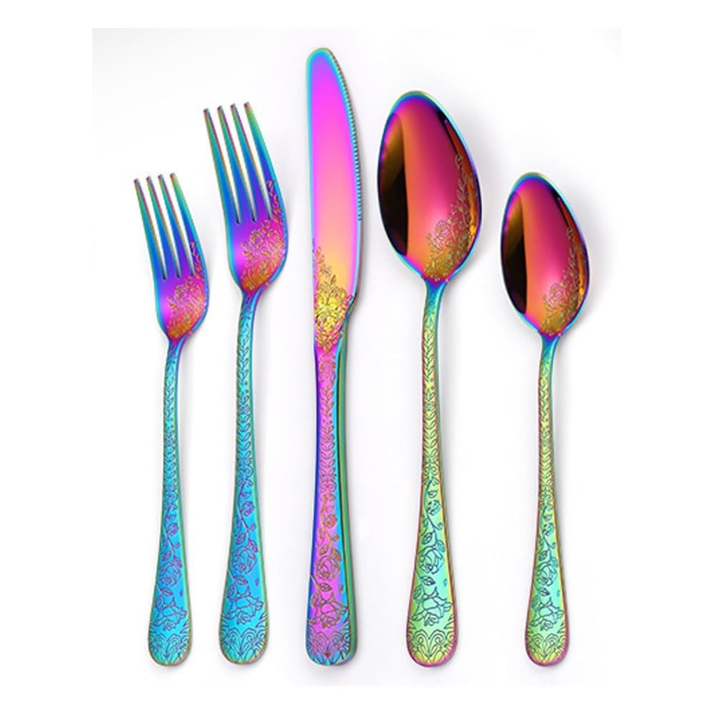 Vintage Carving Kitchen Stainless Steel Silverware Tableware Flatware Cutlery Knives Forks Spoons Set Home Steak Knife Dessert Spoon (Rainbow,5 pieces)