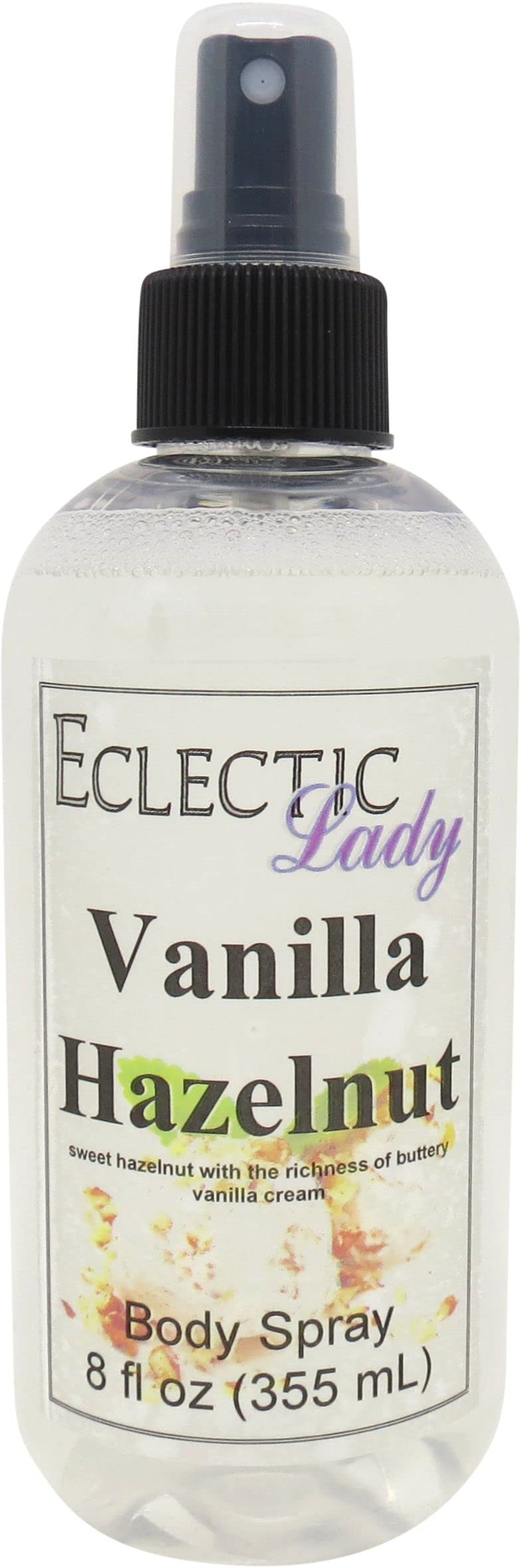 Eclectic Lady Vanilla Hazelnut Body Spray, Double Strength, 8 ounces, Body Mist for Women with Clean, Light & Gentle Fragrance, Cologne with Soft, Subtle Aroma For Daily Use