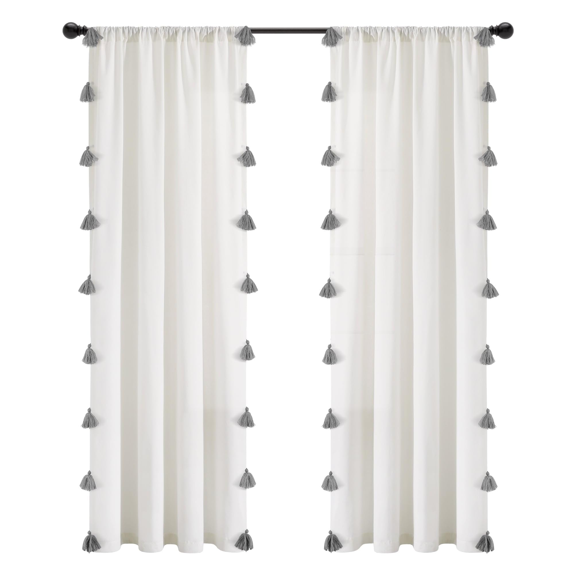 SIMILAR - White and Taupe Lush Decor Boho Faux Linen Texture Tassel Window Curtain Panel Single 52" W x 84" L Curtains for Bedroom - Living Room Curtains