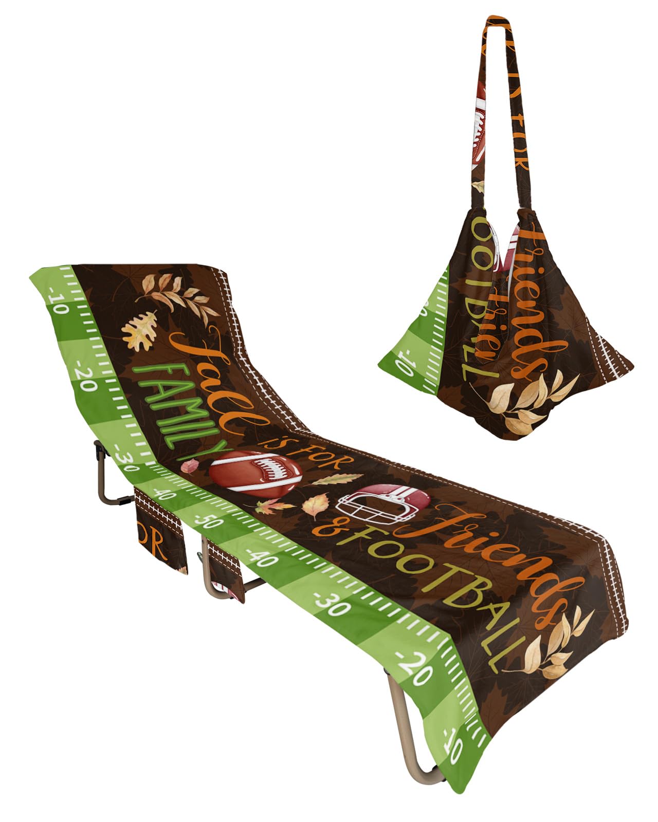 Fall Thanksgiving Beach Chair Towel Covers for Chaise Lounge with Side Pocket, Soft Plush Pool Towels Cover for Patio Sunbathing Outdoor 29''x85'' Brown Football Baseball Leaves