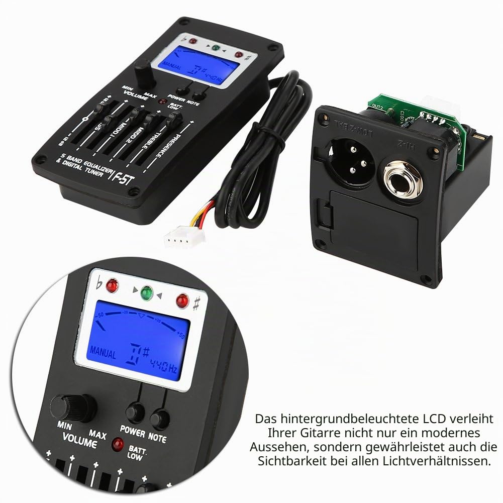F-5T 5 Band Equalizer Tonabnehmer, Digital Tuner Tonabnehmer Akustische E-Gitarre Vorverstärker Tuner mit LCD-Tuner und Lautstärkeregler für elektrische akustische Klassische Gitarre