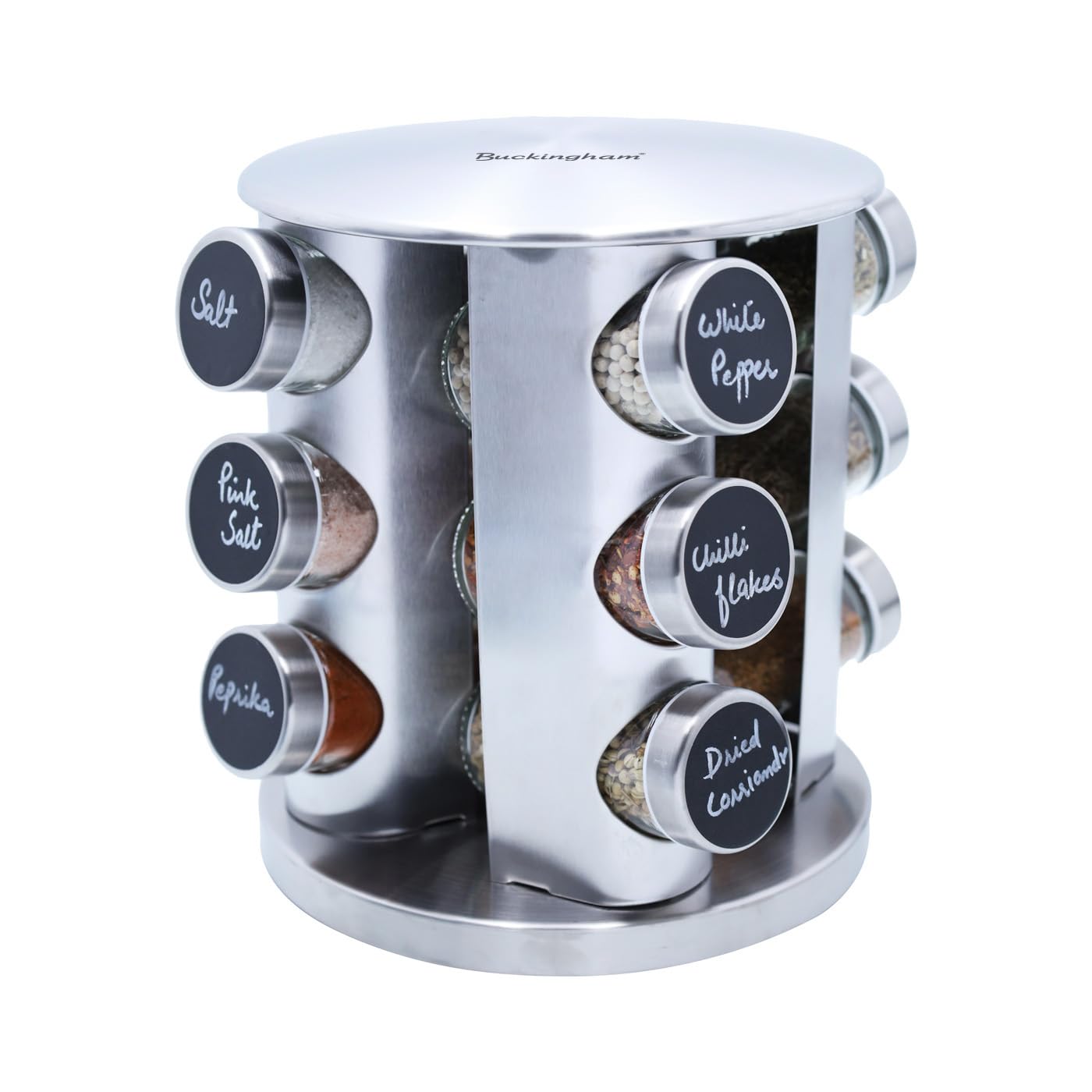 Buckingham Silver Stainless Steel Rotating Spice & Herb Rack Including Glass Jars, Carousel Organizer For Kitchen Spices And Herbs (12 Jars)