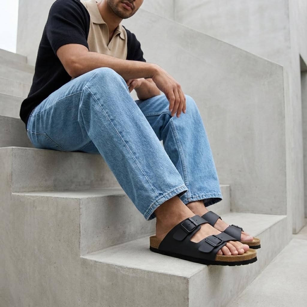 CUSHIONAIRE Lane Cork Footbed Mens Sandals, Adjustable Buckle Comfort Slides for Men, Genuine Leather Insole Summer Sandals Men Footwear - Image 4