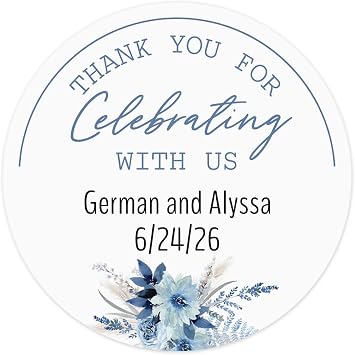 Personalized Blue Floral Thank You Sheeted Stickers - 144 Customized 1.5 Round Stickers