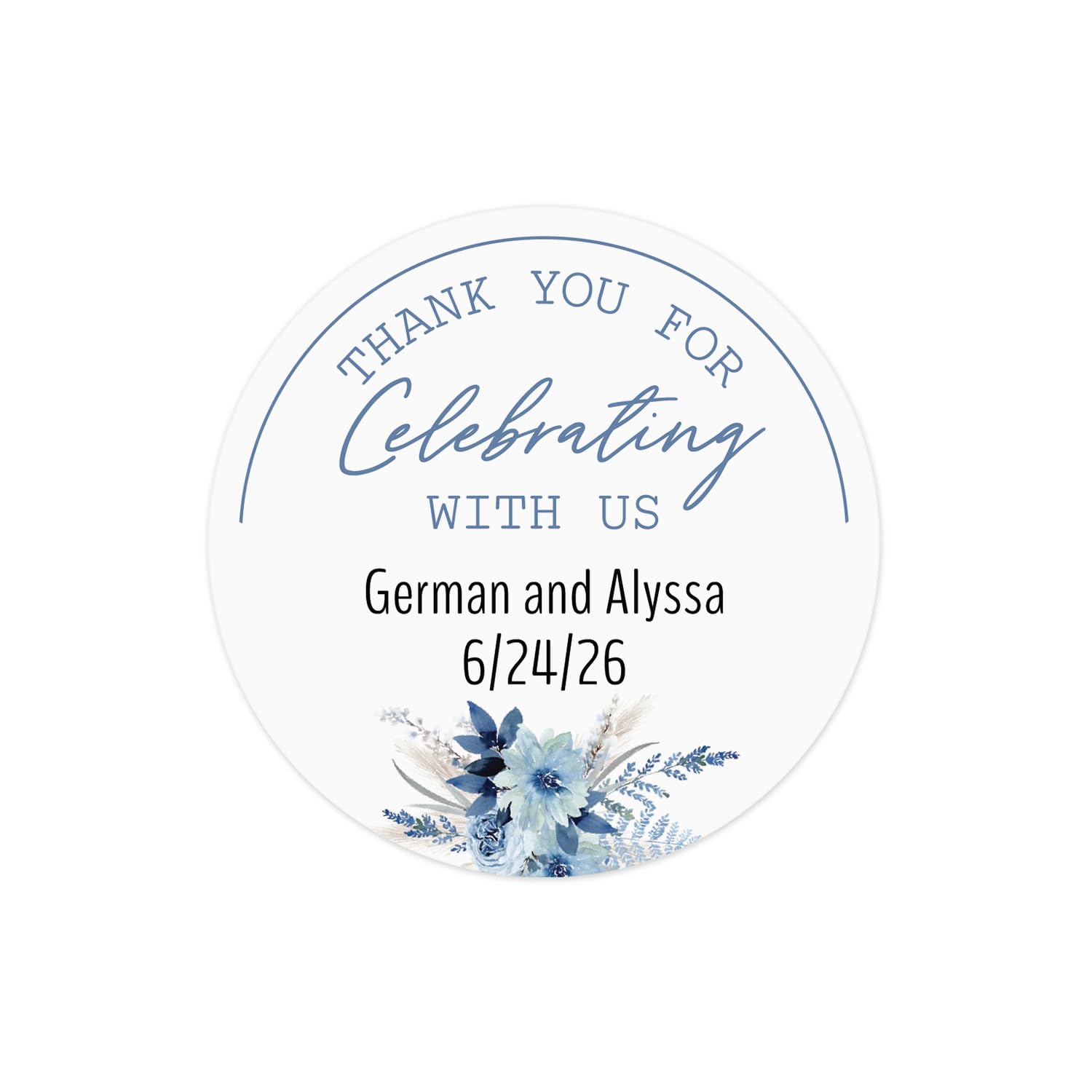 Personalized Blue Floral Thank You Sheeted Stickers - 144 Customized 1.5' Round Stickers