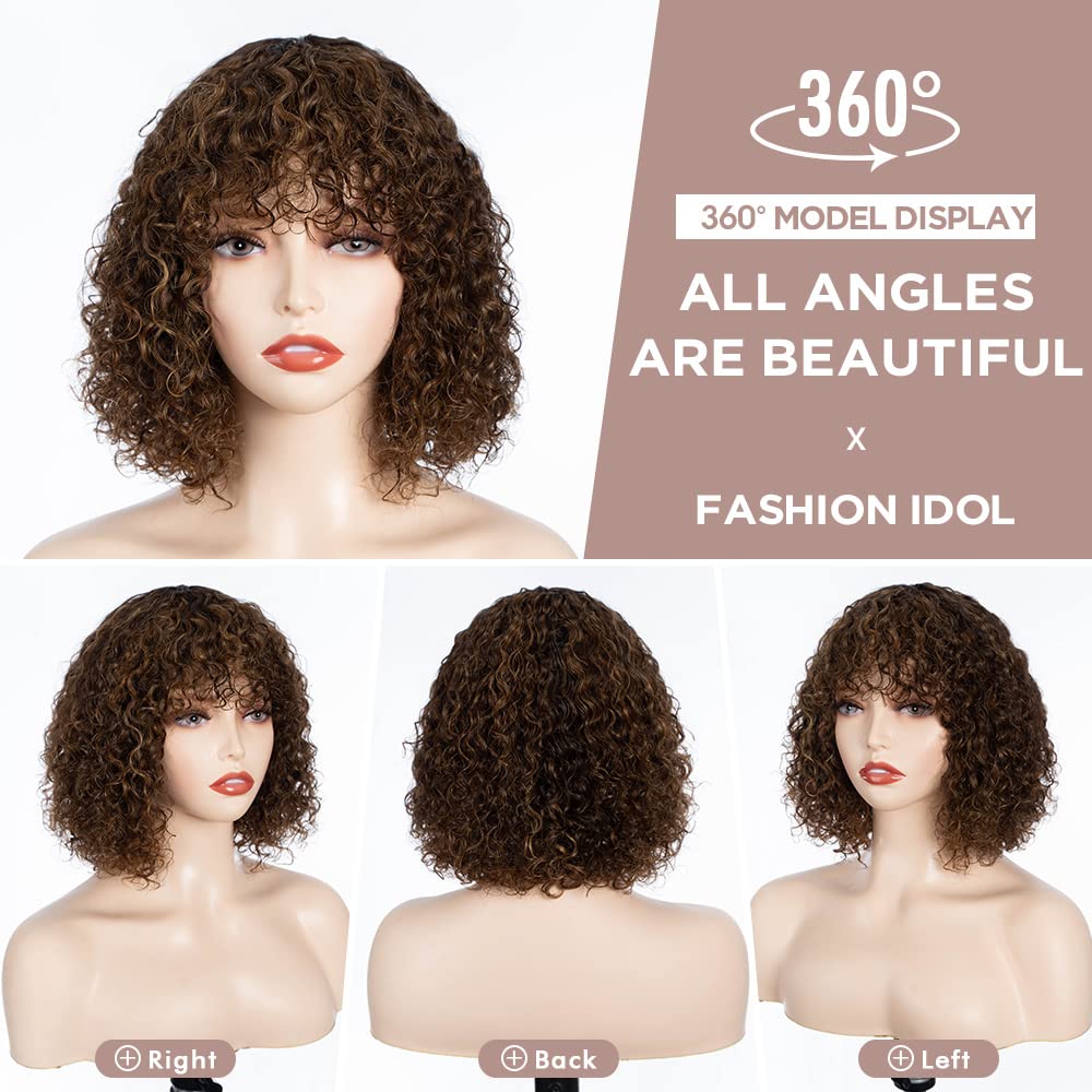 FASHION IDOL Short Curly Human Hair Wig with Bangs 10 Inch Jerry Curl Bob Wig for Black Women Brazilian Virgin Human Hair 150% Density Dark Brown Gold