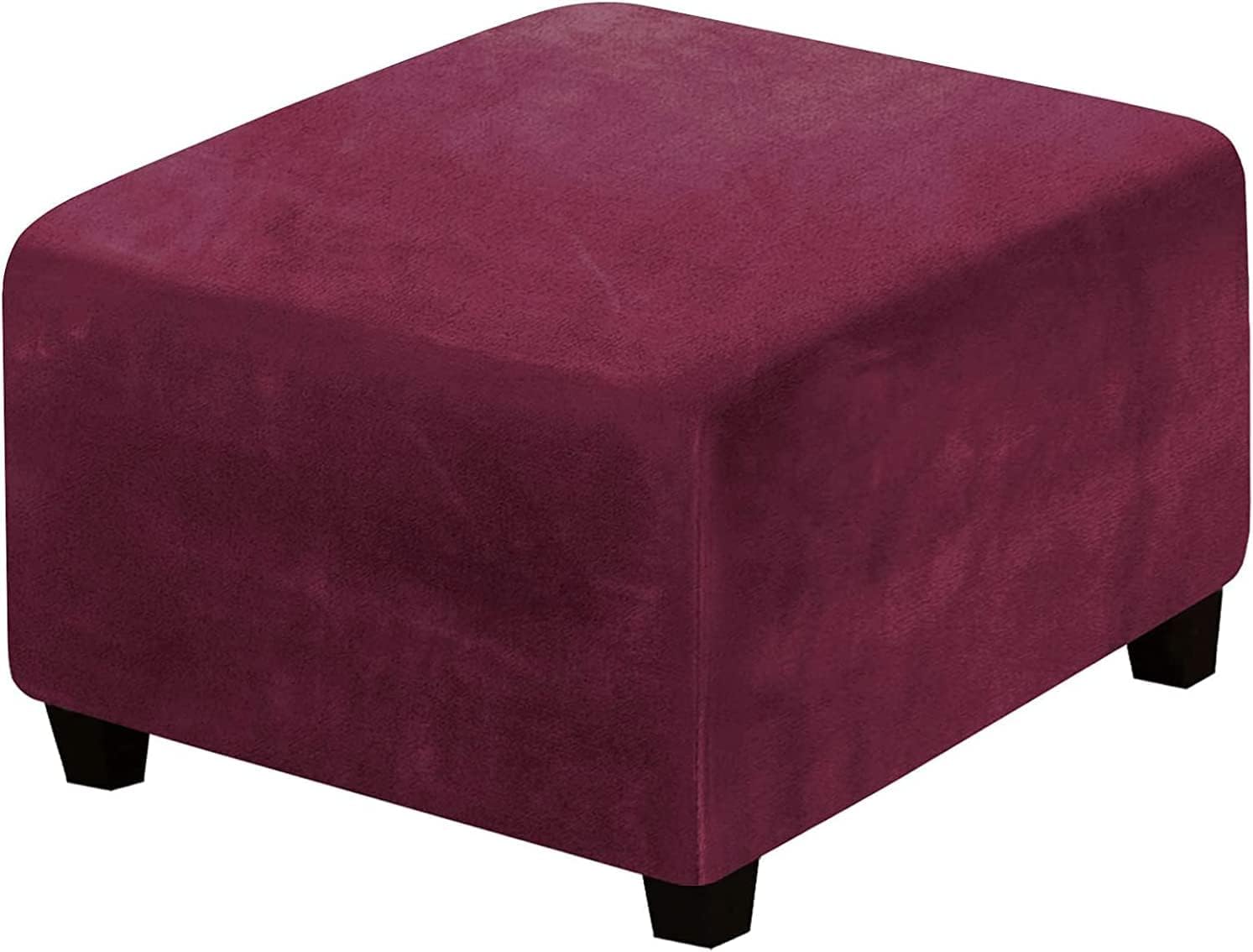 ADPON Square Velvet Ottoman Covers Ottoman Slipcover Square Footstool Protector Covers Storage Stool Ottoman Covers Stretch with Elastic Bottom (X-Large,Wine/Burgundy)
