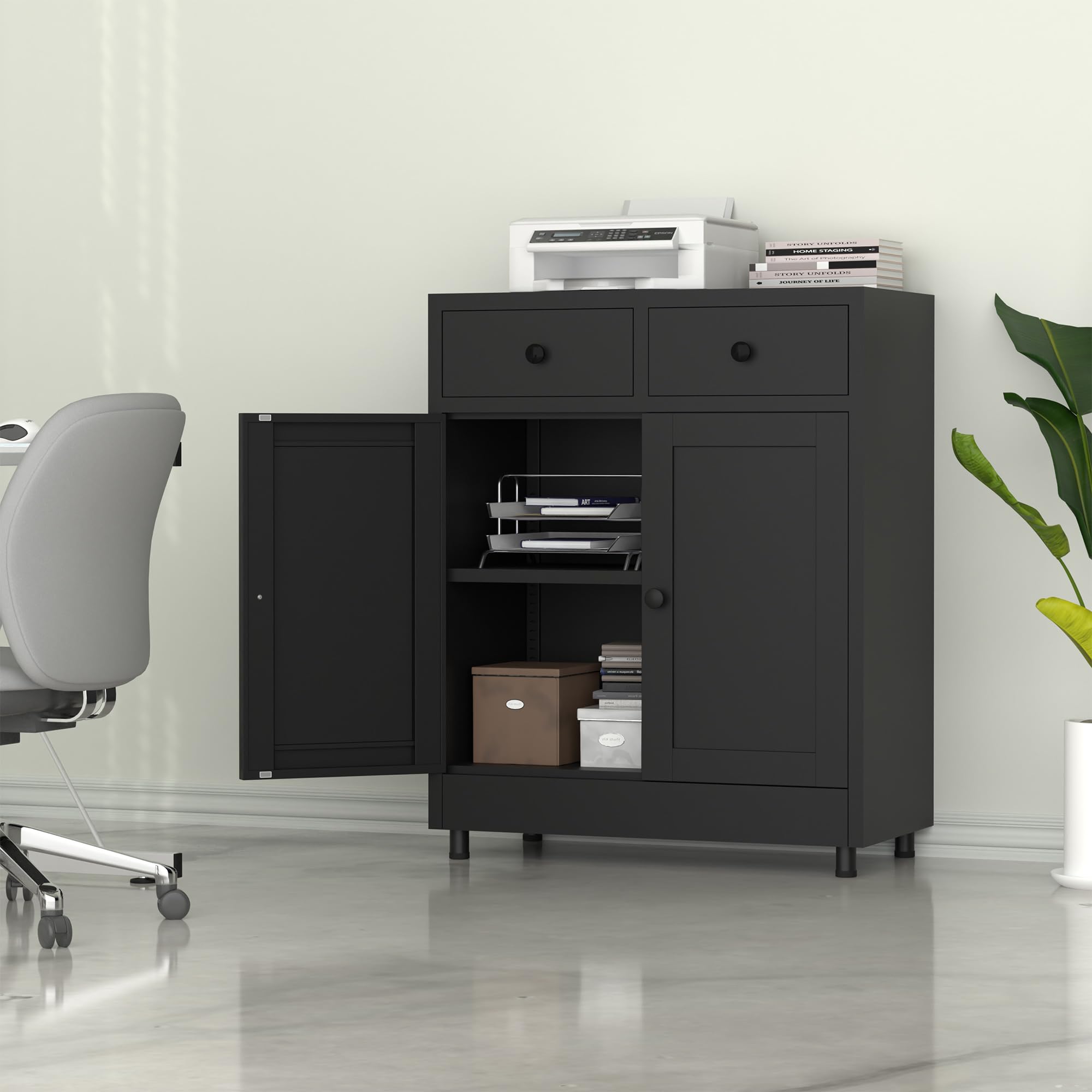 Aktenschrank Büroschrank Lagerschrank Metallschrank Stahlschrank Mehrzweckschrank Buffetschrank Flurschrank, Aufbewahrungsschrank aus Metall mit 2 Schubladen und Verstellbarem Regal (Schwarz)